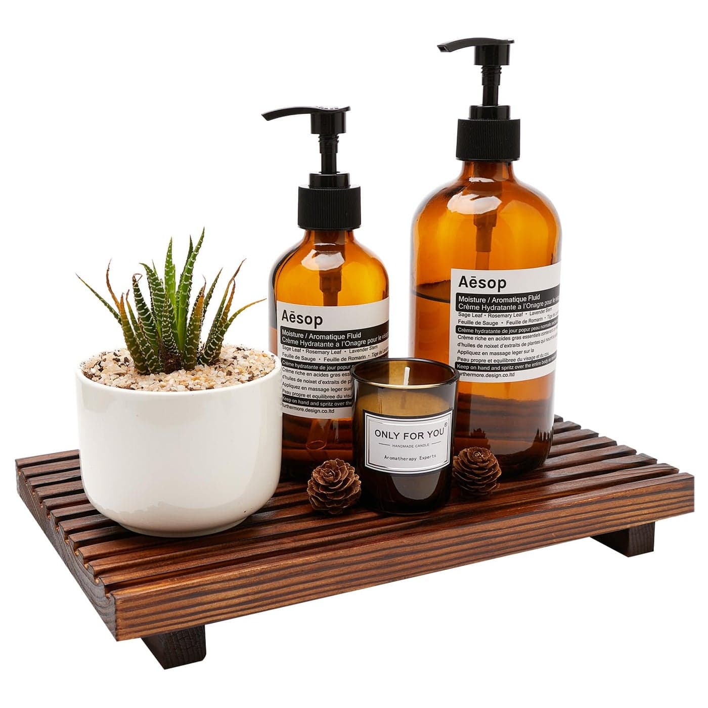 Renawe Farmhouse Bathroom Counter Tray Wood Display Pedesta Stand Kitchen Countertop Trays Decorative Wooden Riser Dish Soap Dispenser Holder for Bathroom Sink Accessories Kitchen Decor Vanity Tray