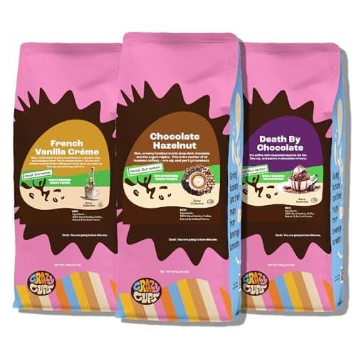 Crazy Cups Decaf Flavored Ground Coffee Variety Pack, Includes Chocolate Hazelnut, French Vanilla and Death by Chocolate, in 10 oz Bags, For Brewing Flavored Hot or Iced Decaf Coffee, Variety 3 Pack