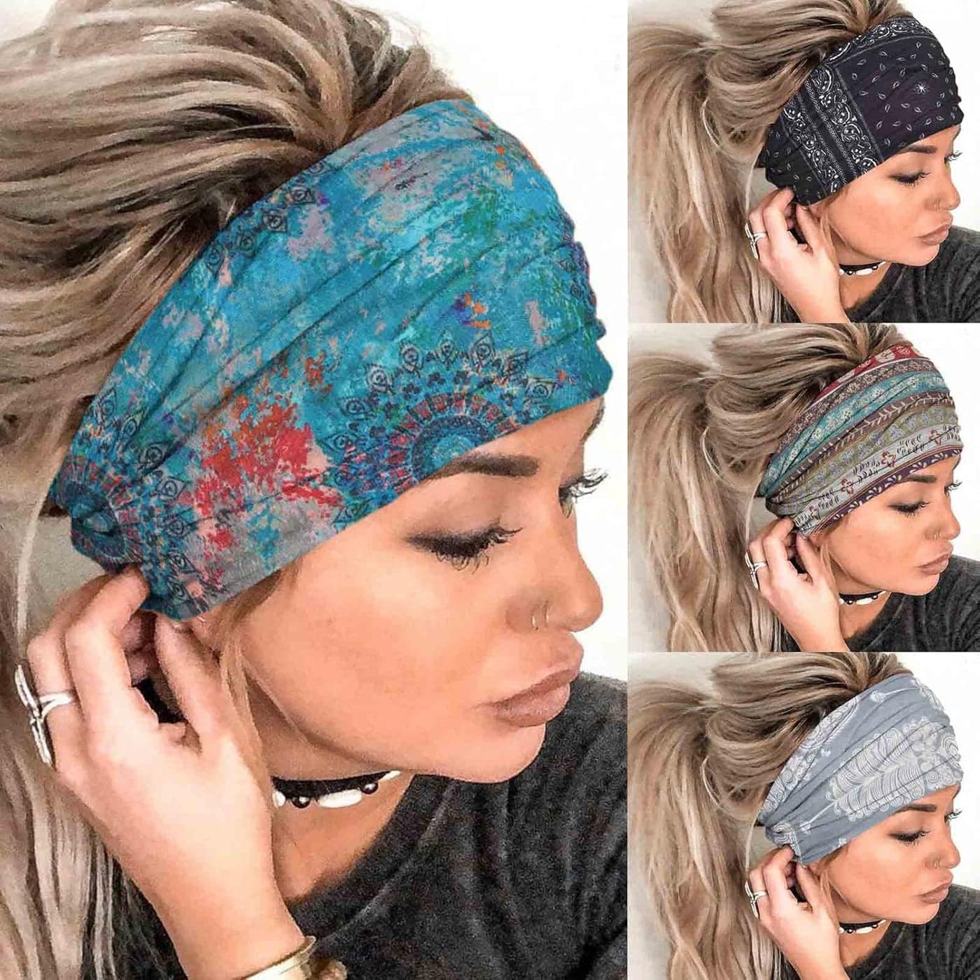 Olbye Wide Headbands Boho Headbands for Women Workout Yoga Hair Scarfs Running Sweatband Hair Accessories for Women Girls E Stylish Pack of 4