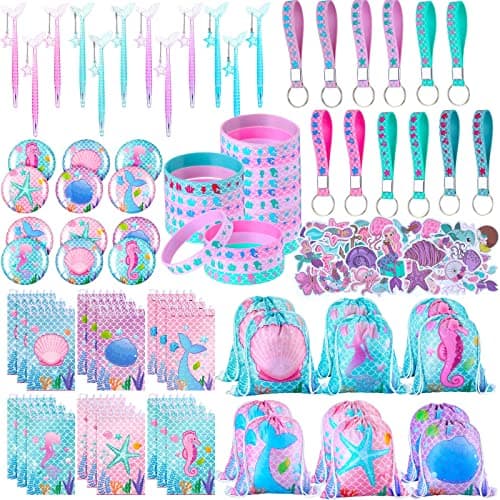 Sherr 140 Pcs Mermaid Party Favors Gift Bags for Girls Birthday Decorate Supplies Include Drawstring Bags Silicone Bracelets Keychains Pens Stickers Notebooks Piñata Stuffers (Mermaid)
