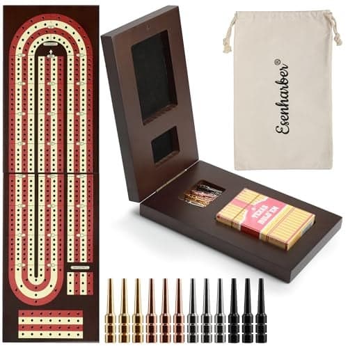 Cribbage Board Foldable 4Track Cribbage Board Game Set Solid Wood Game Board with 12 Brass Pegs FeltLined Storage for 24 Players with Convenient Pouch
