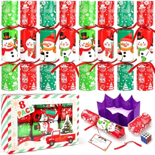 SURCVIO 8 Pack NonSnap Christmas Table Party Favors with Party Hats Joke Little Gifts for Kids Adults Christmas Snowman Design Xmas Seasonal Holiday Dinner Traditions Supplies