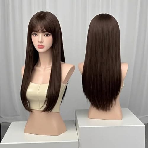 Assu Long Straight Dark Brown Synthetic Wigs with Bangs for Women | Natural Look Wig for Party, Cosplay & Daily Use | Comfortable Wig Cap | Cosplay Accessory with Secure Fit