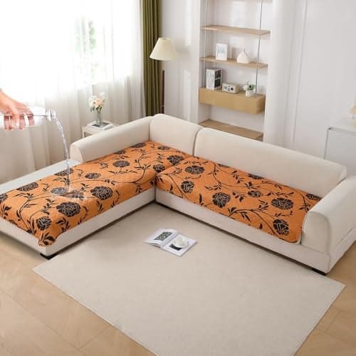 HOKIPO 'Elira Series' Printed Water Repellent + Waterproof Quick Dry L Shape (3+3 Seater) Sofa Seat Cover Mat, Copper Brown Floral (AR-5249-C8*2)