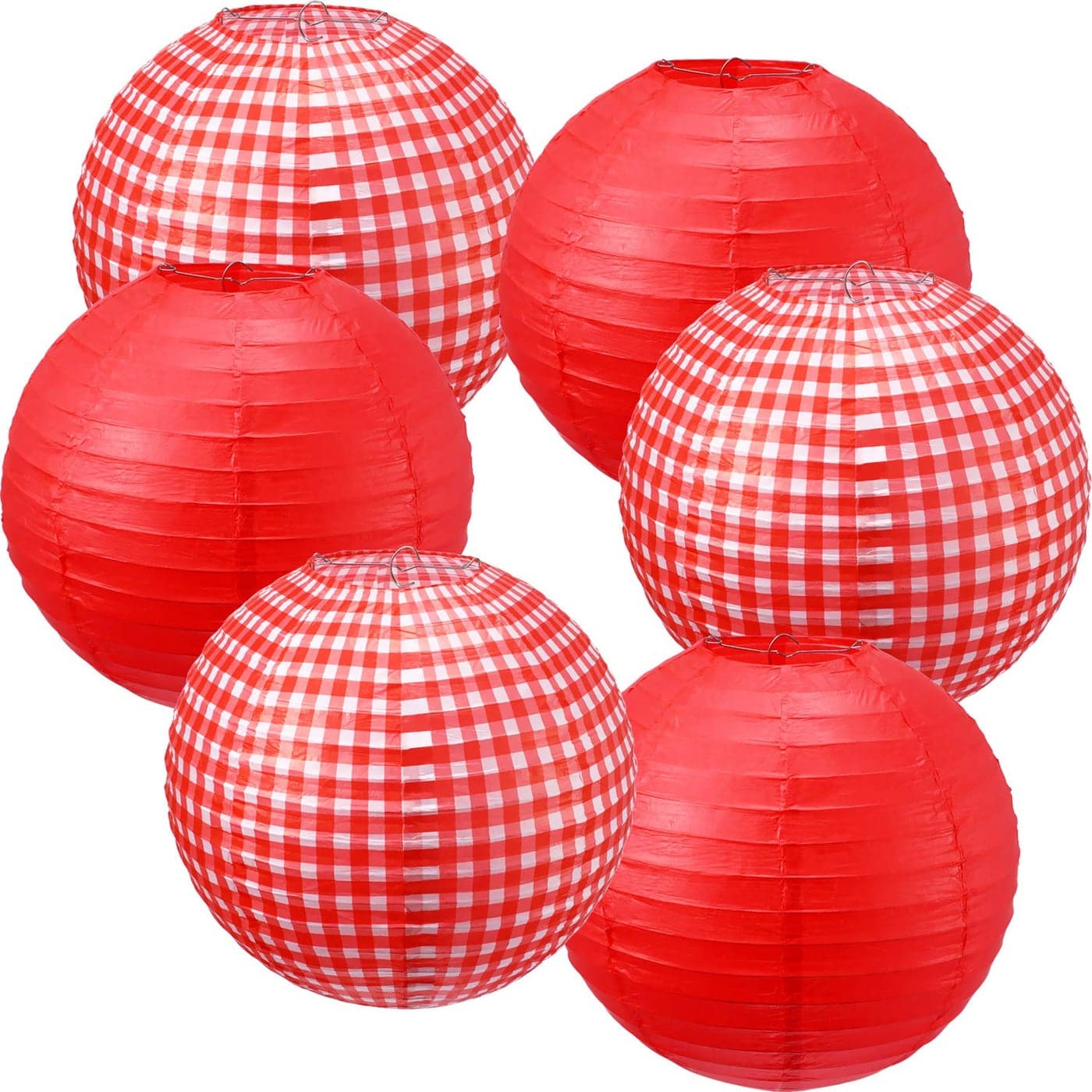 Blulu Picnic Decorations Checkered Round Paper Lanterns for BBQ Pizza Party Red and White Plaid Pure Red 6 Pieces