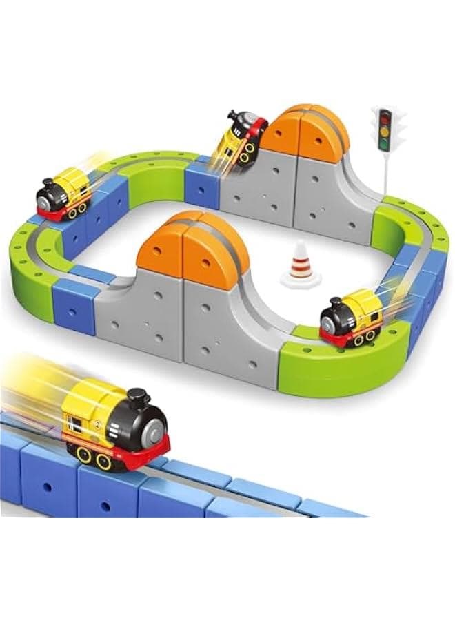 Magnetic Track Car Toys, 55PCS Flexible Race Car Track Sets for Toddlers with Electric Train, Traffic Signs, Kids Train Set Toys for 3 4 5 6 7 8 Year Old Boys Girls Birthday Party Gifts-Small