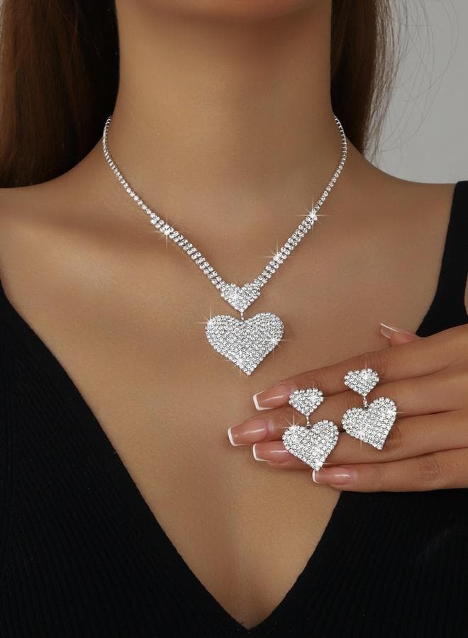 Pack of 2 - Rhinestone Heart Shaped Necklace and Earrings