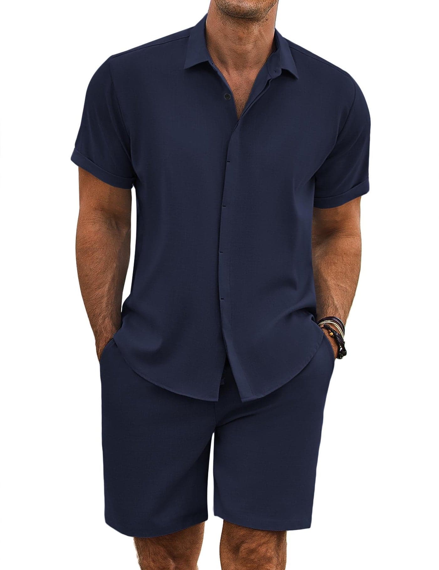 COOFANDY Mens Linen Sets Outfits 2 piece Vacation Clothes for Men, Navy Blue, Medium