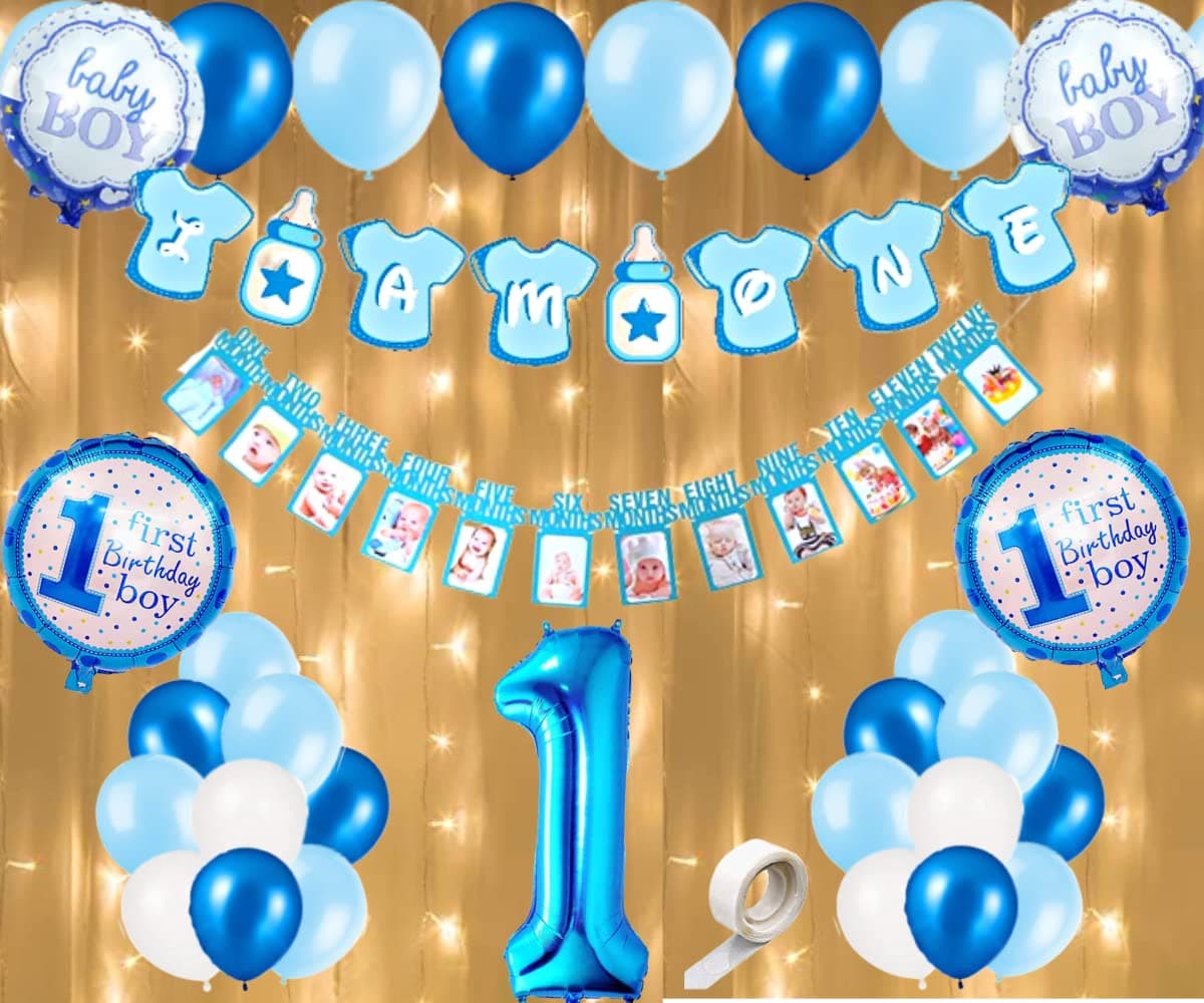 FI - FLICK IN Latex 39 Pcs First Birthday Decorations Boy I Am One Banner cardstock for Boys Led Light Decoration Set (Pack of 39, Blue)