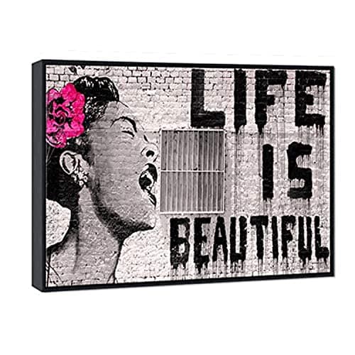 Wieco Art Framed Art Canvas Prints of Banksy Life is Beautiful Abstract Artwork for Wall Decor Black Frame BANKSY26090BF