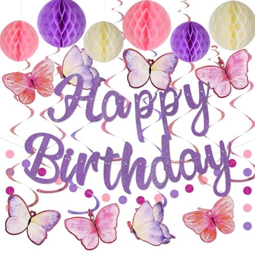YEOCU Birthday Decorations, NO DIY, Pre-Strung Happy Birthday Banner with Honeycomb Balls, Hanging Swirls, Circle Dots Garland, Happy Birthday Party Decorations for Women Men Boys Girls (Purple)