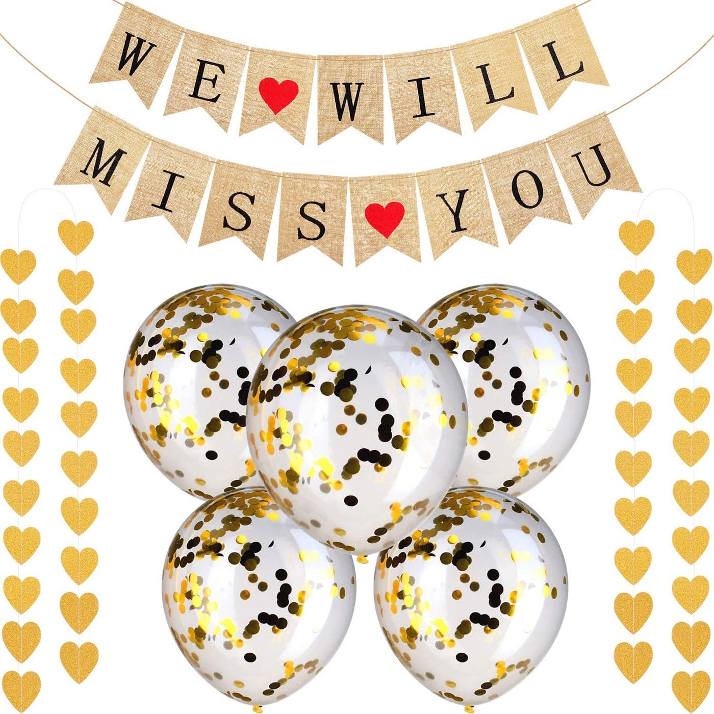 Gejoy Farewell Party Decorations Supplies Kit 14 Pcs We Will Miss You Banner Burlap Bunting Banner Gold Glitter Confetti Balloons Heart Garland Flags for Retirement Farewell Going Away Job Change