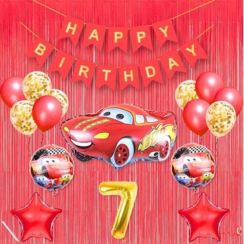 7th Car Theme Happy Birthday Banner Decoration Red for 7 year Old Baby Boys Girls Kids 5 Pc Lightning Macqueen Theme 10 Pc Confetti Balloons Foil Curtain Kit Combo Set Items 2 Pc Red Star