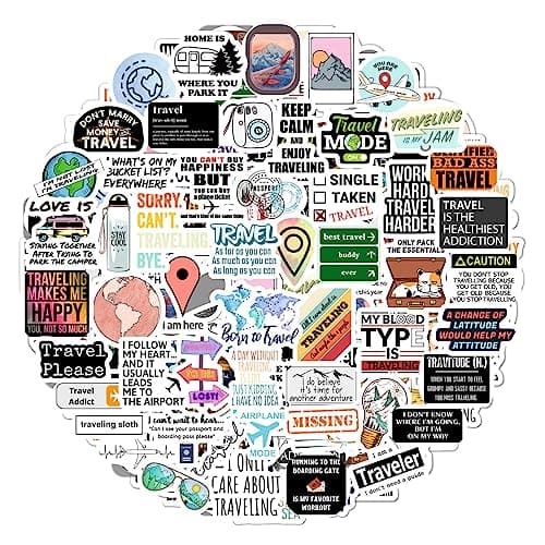 BulbaCraft 100Pcs Funny Travel Stickers, Scrapbook Stickers Travel, Travelers Notebook Accessories, Funny Travel Laptop Decals, Gifts for Women & Men