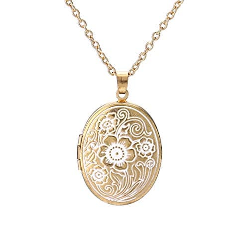 COLORFUL BLING 14k Gold Silver Women Romantic Heart Locket Necklace Engraved Flower Oval Hold Photo Picture Pendant Living Memory Jewelry (oval G)
