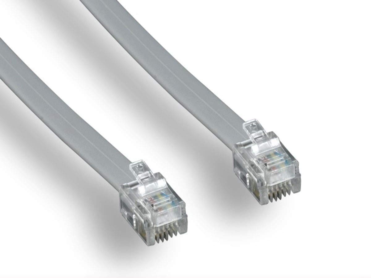 Monoprice Landline Telephone Cable - RJ11, 6P4C, Straight for Data, Flat Cable, 7 Feet, Silver Satin Finish