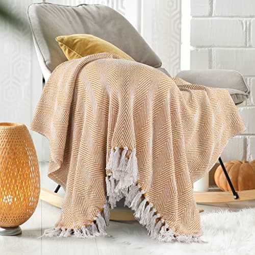 SASHAA World Cotton Striped Chevron Throw Blanket|Throw for Living Room, Sofa, Bedroom & Chair|Yellow Throw Blanket|180 X 130 Cm Pack of 1