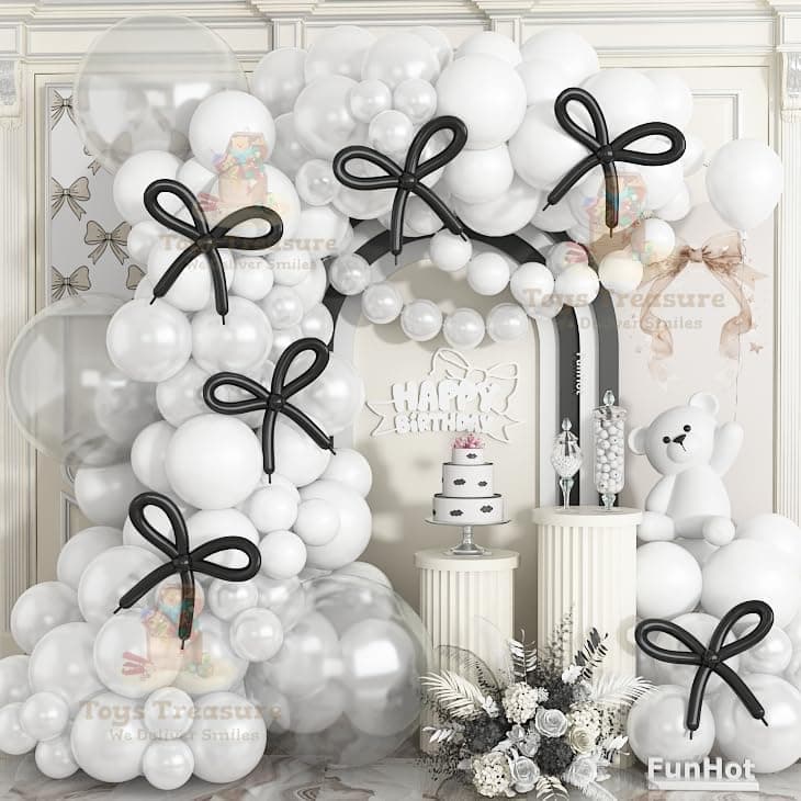 Toys Treasure We Deliver Smiles 111pcs Pearl White Silver Balloon Set - Bridal Wedding Anniversary Decorations with Black Bow Balloons