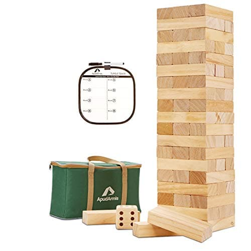 ApudArmis 60 PCS Tumble Tower Stack up to 5Ft Pine Wooden Stacking Timber Game with 1 Dice Set Classic Block Outdoor Game for Teens Adults Family
