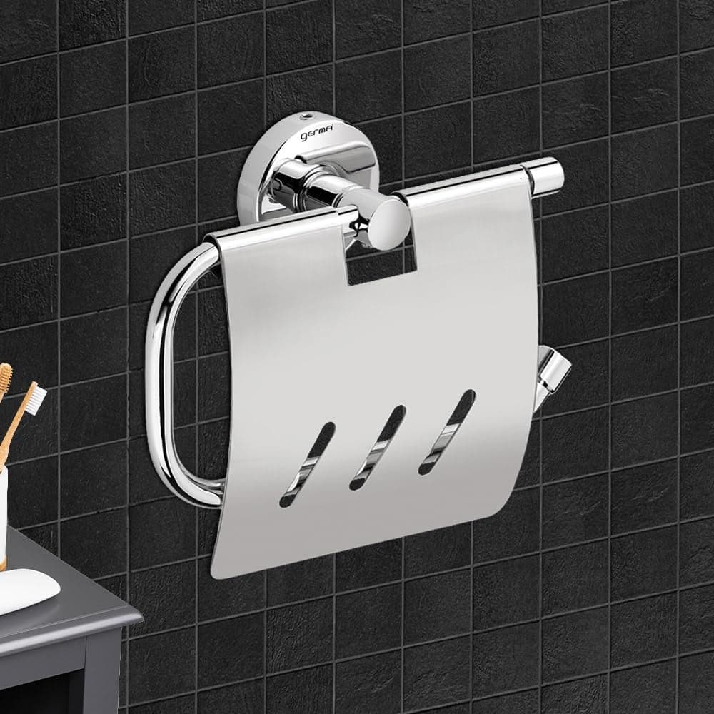 Germa Sanitarywares 304 Stainless Steel Toilet Paper Holder with Flap Guard for Bathroom Tissue Paper Roll Holder Toilet Tissue Paper Holder Paper Bundle Holder Bathroom Accessories Chrome
