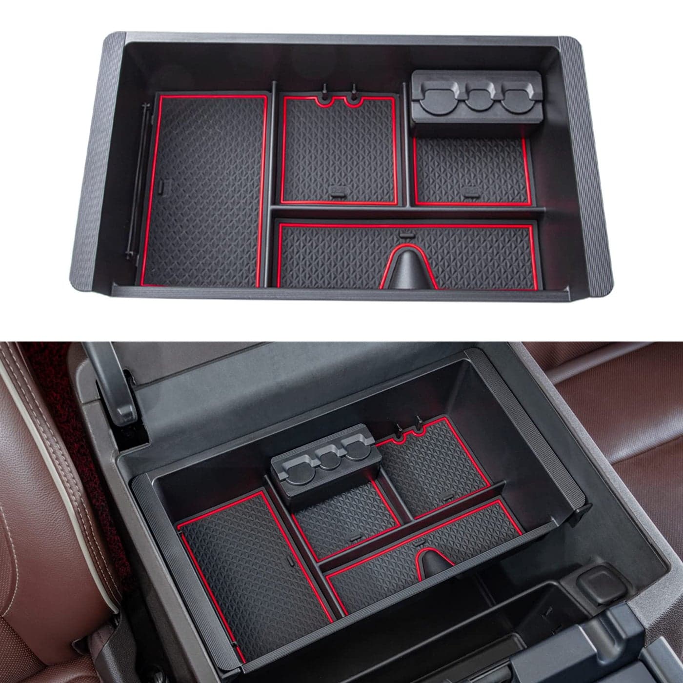 JKCOVER Compatible with Chevy SilveradoGMC Sierra 20142018 and Chevy Tahoe SuburbanGMC Yukon 20152020 Center Console Organizer Tray AccessoriesFull Console wBucket Seats ONLY Red Trim