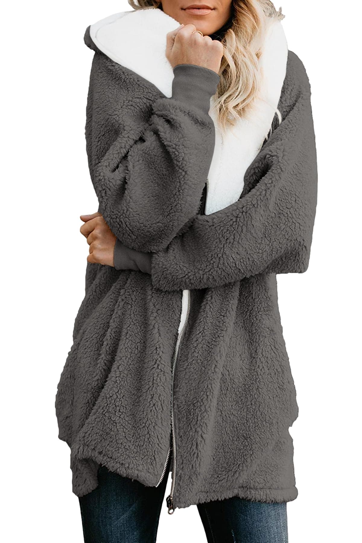 ReachMe Womens Fleece Zip Up Jacket with Pockets Oversized Long Sherpa Hoodie Fuzzy Jackets Warm Teddy Coat02 Dark Grey2XL