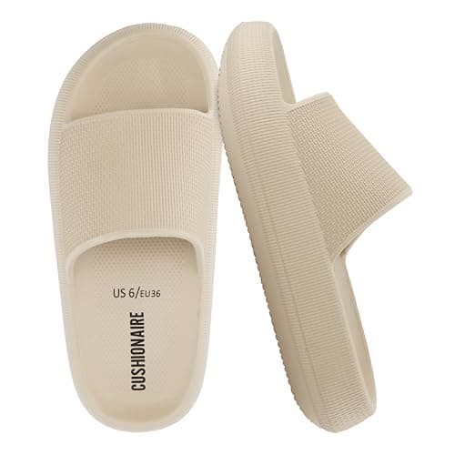 CUSHIONAIRE Feather EVA Slides for Women – Comfortable Slip On Womens Slippers, Indoor Outdoor Shower Shoes, Beach Essential Cloud Slides, KHAKI 12