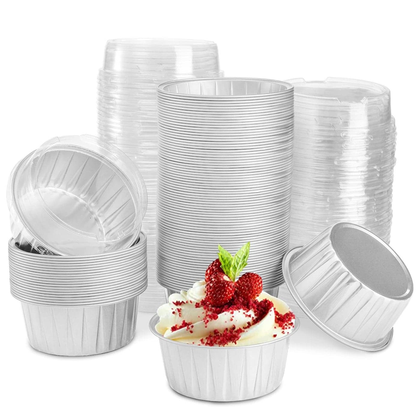 DEAYOU 100Pack Cupcake Baking Liner with Lid Tart Pie Tin Pan Holder for Creme Brulee Party Wedding Silver Color