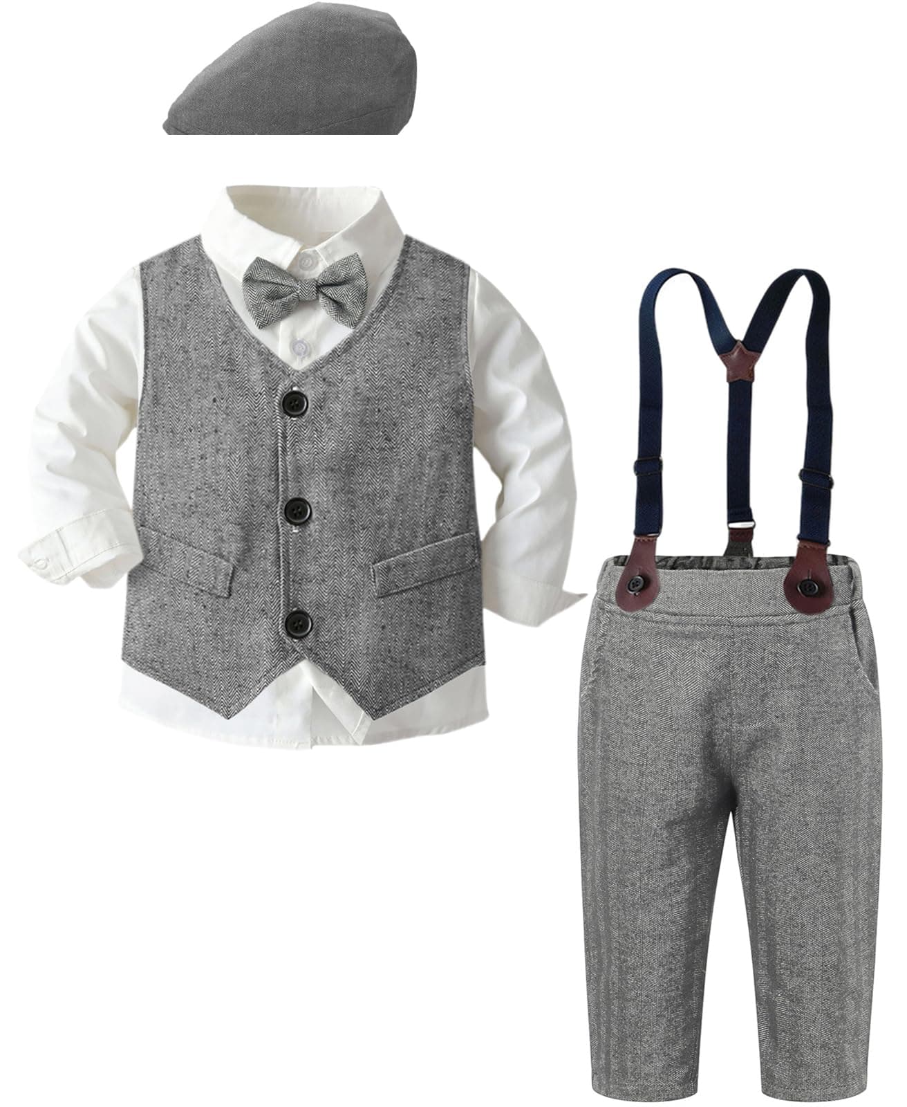 Boys Clothes Set, Dress Shirt with Bow Tie + Formal Vest + Newsboy Hat + Suspender Pants 4 Pieces Gentleman Suit Kid, Hat - Grey, Tag 150 = 6-7 Years