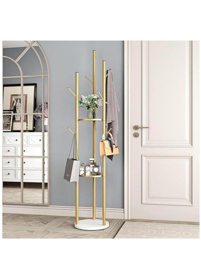 Coat Racks Freestanding with 3 Storage Shelves, Metal Coat Racks with 8 Hooks,Standing Coat Rack Tree,Space-Saving,Stable and Durable,for Bedroom, Living Room, Office & Dining