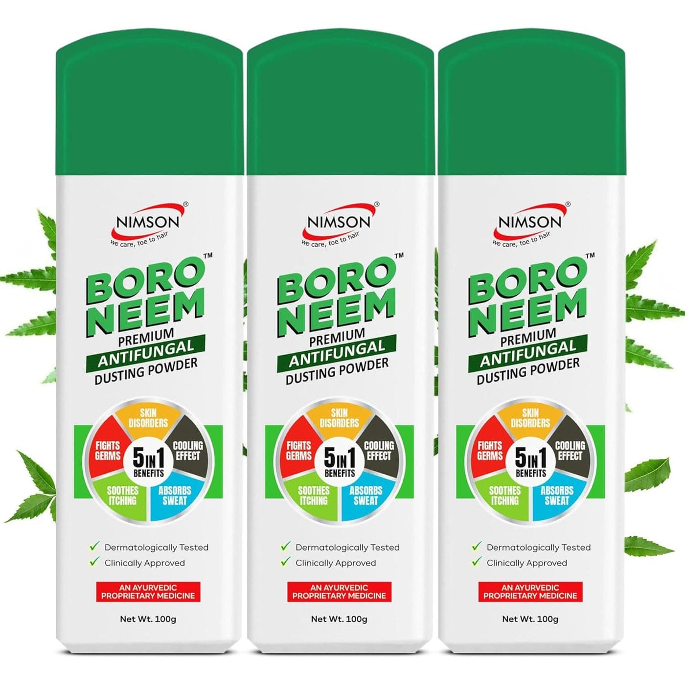 Nimson Boro Neem Premium Antifungal Dusting Powder Ayurvedic Cool Talc Talcum Powder 3 x 100 g