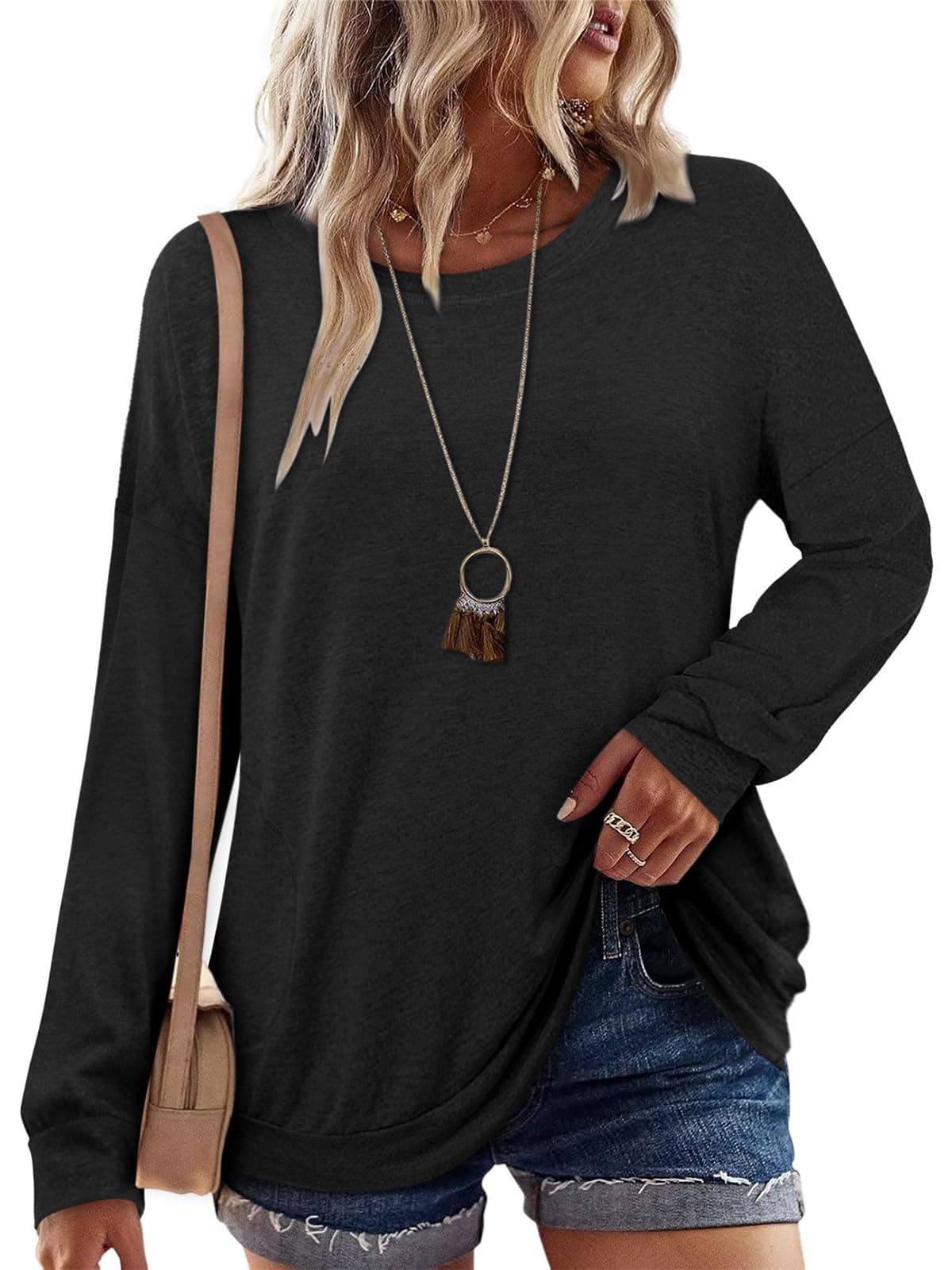 onlypuff Pocket Shirts for Women Black Long Sleeve Tops Casual Cute Fashion Tunic Tops Ladies Blouse M