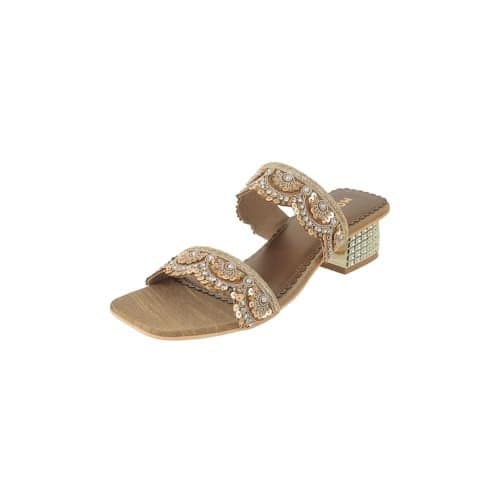 Mochi Women's Antique Gold Synthetic Ethnic Sandals | Slip-On Embellished Block Heel Sandals for Women | Light Weight Sequined Embroidered Footwear | Square Toe Fashion Sandals | Size UK 6 |