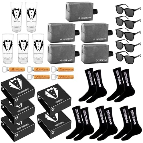 Mhoel Groomsmens Gifts Set of 5,Groom Best Man Groomsmen Proposal Gifts,2oz Shot Glass,Black Sunglasses,Oxford Bags,Bottle Openers,Black Proposal Boxes,Socks,Wedding Bachelor Party for Groom