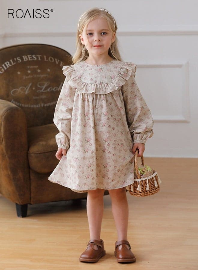 Girls Retro Floral Dress, Long Sleeve A-line Dress, Cotton Dress for Spring and Autumn, Fancy Dress with Floral Patterns, Suitable for Daily Wear and Outdoor Activities