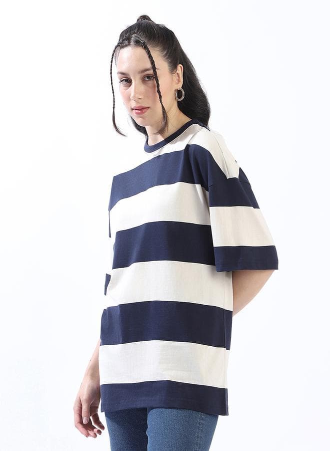 Women's Multicolour Single Jersey Fabric Striped Oversized T-Shirt