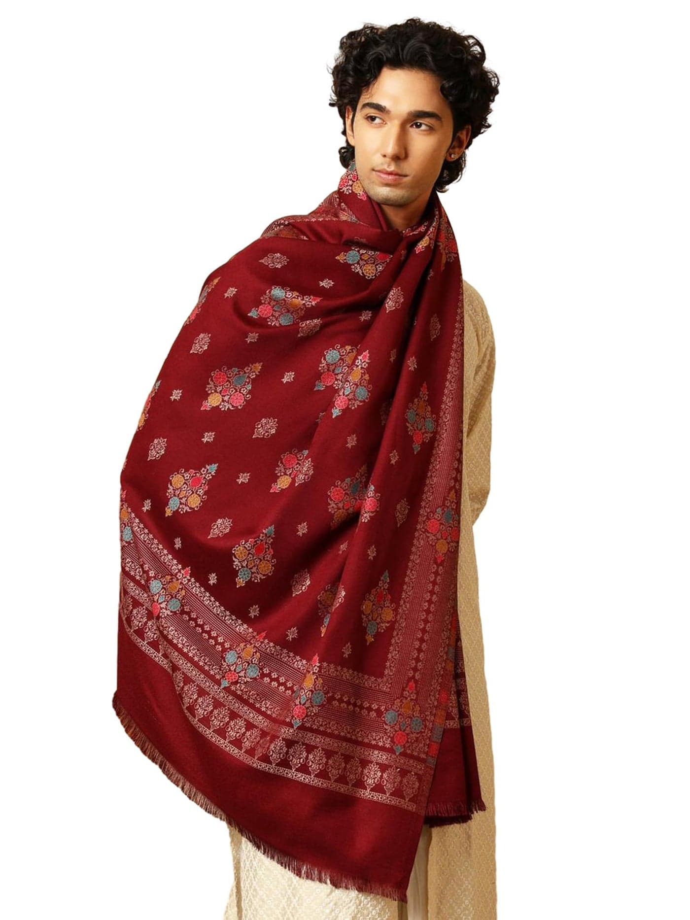 tweedle Men’s maroon Ethnic Design, Faux Wool Shawl/Stole/Scarf | Size - 40 x 80 inches
