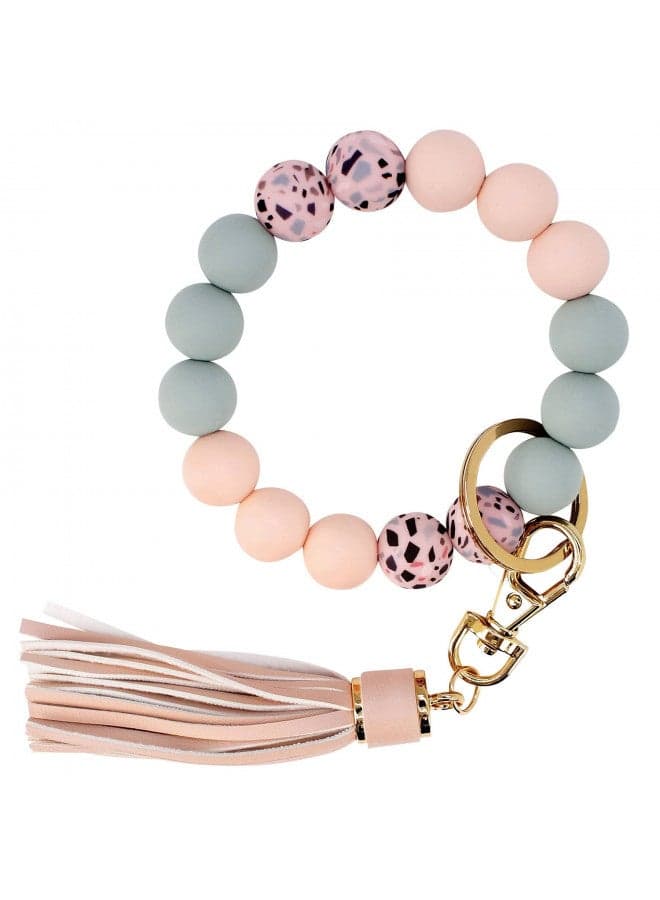BIHRTC Keychain Bracelet Silicone Key Ring Wristlet with Leather Tassel Wrist Key Ring Bangle Silicone Bead keyring for Women Girls