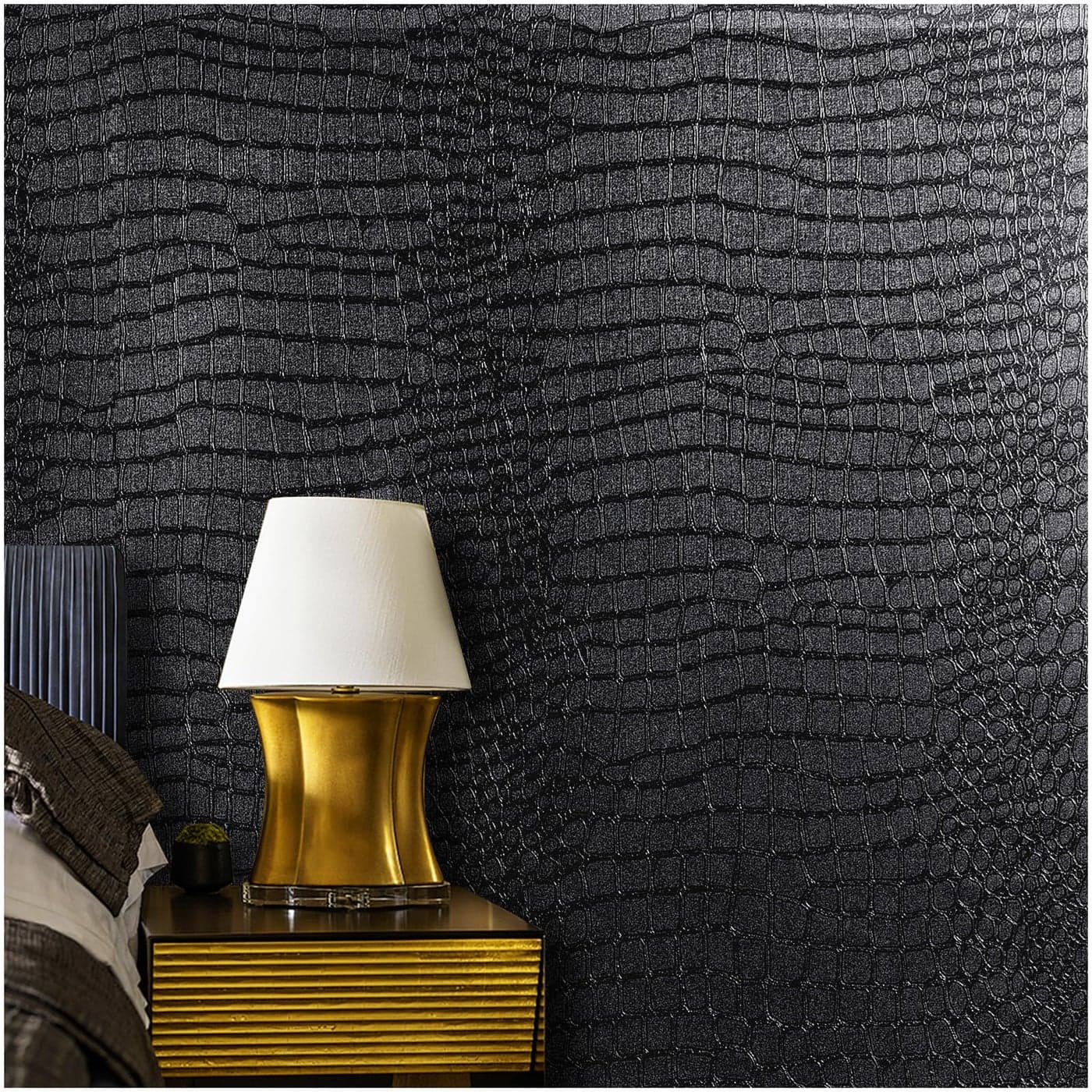 Kimhan Black Peel and Stick Wallpaper Removable Crocodile Wallpaper Self Adhesive Embossed Easy Peel Off Textured for Cabinet Bedroom 157 X 118