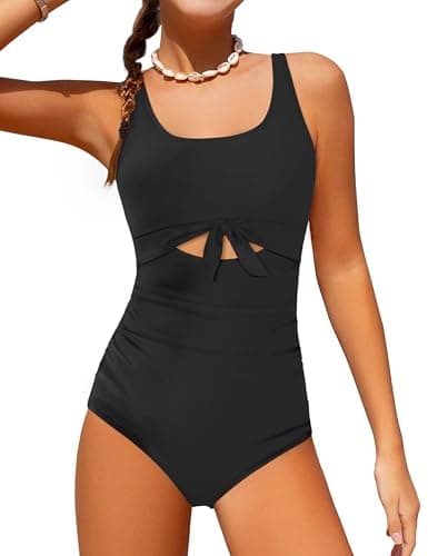 Qaoerde Girls Swimsuit Teen Swimsuits for Girls 12-14 Cutout Ruched One Piece Swimsuits Adjustable Straps Tie Bathing Suit Solid Color Swimwear Black 13-14Y