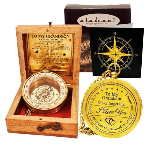 ALADEAN Brass Grandsons Divine Path Finder Compass Engraved Quote Wood Box Uplifting Gift