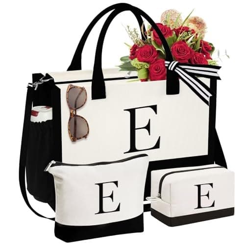 YOOLIFE Birthday Gifts for Women Mom Daughter Sister Friends, Monogrammed Tote Bag for Women, Bridesmaids Gifts, Letter E