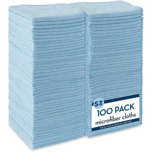 S&T INC. 100 Pack Microfiber Cleaning Cloth, Bulk Towels for Home, Reusable Microfiber Towels for Cars, Cleaning Rags, Light Blue, 11.5 Inches x 11.5 Inches, 100 Count