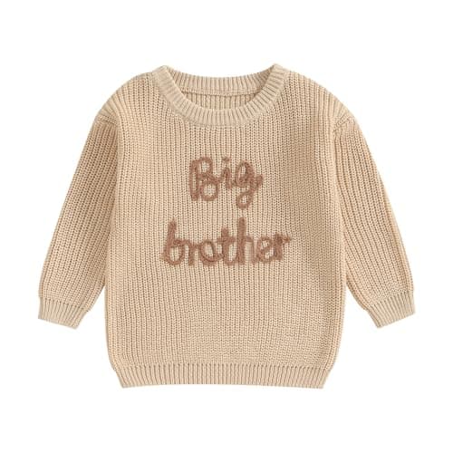 Big Brother Little Brother Matching Outfits Letter Embroidery Knit Sweater Shirt Baby Boy Winter Warm Clothes (Khaki Big Bro, 4-5 Years)