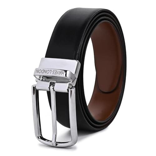 HAYES LONDON Belts for Men Leather Original, Reversible Black & Brown Formal & Casual Italian Leather Belt with Solid Metal Curved Buckle(32, Plain-Silver)