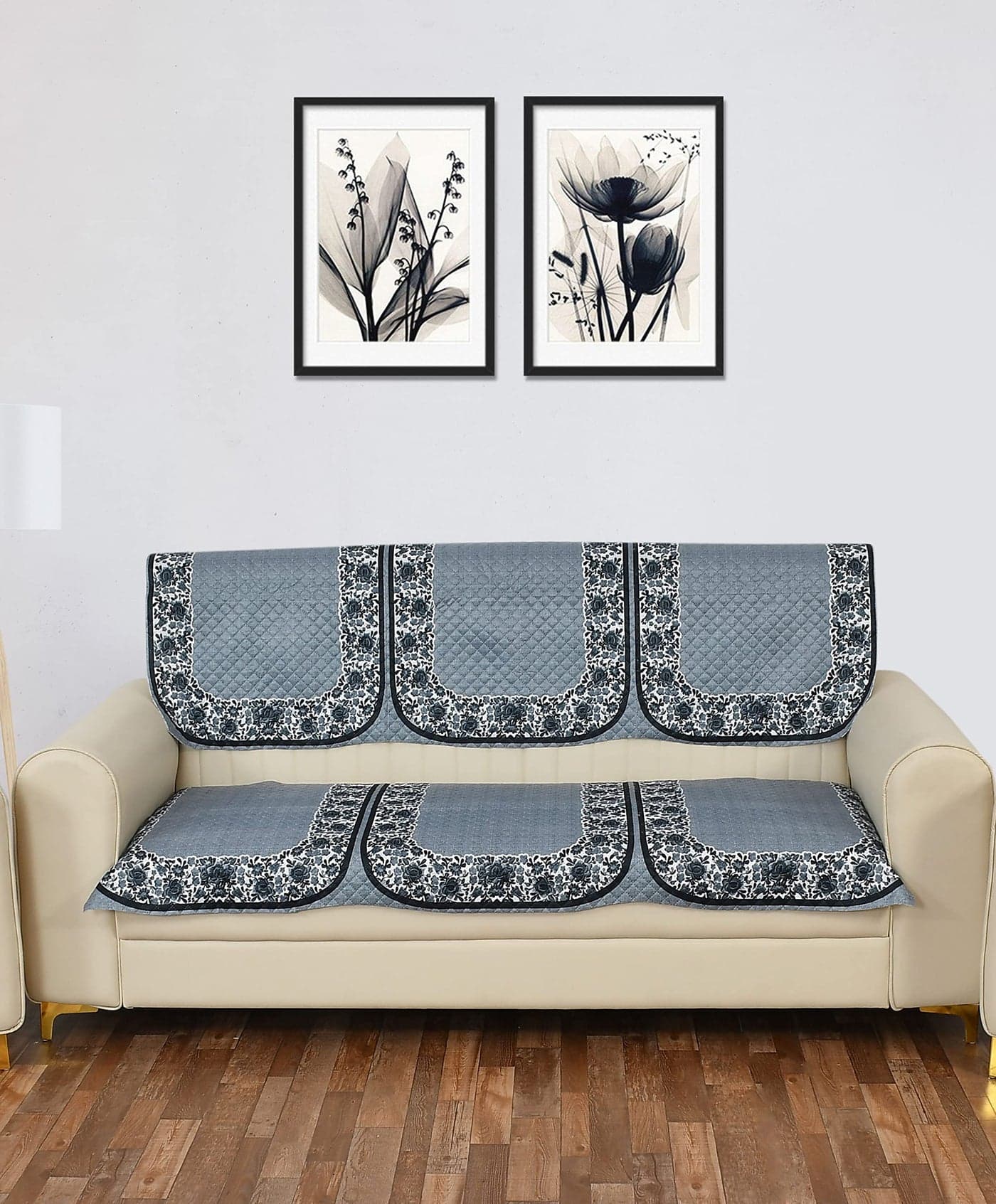 Yellow Weaves Velvet 3 Seater Quilted Sofa Cover, Floral Design, Seat & Back Cover, Color - Dark Grey