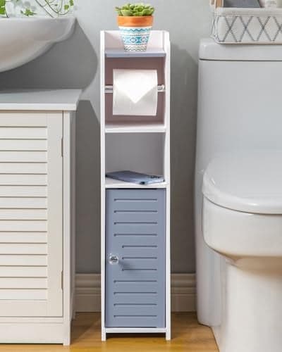 AOJEZOR Toilet Paper Holder Stand Small Bathroom Storage Cabinet Light Grey White