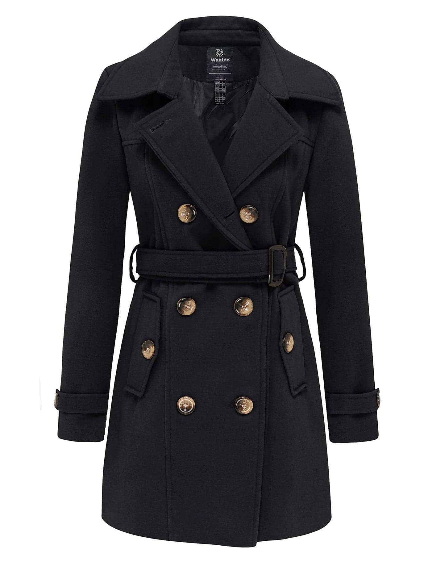 wantdo Women's Double Breasted Pea Coat Winter Mid-Long Trench Coat with Belt Black Medium