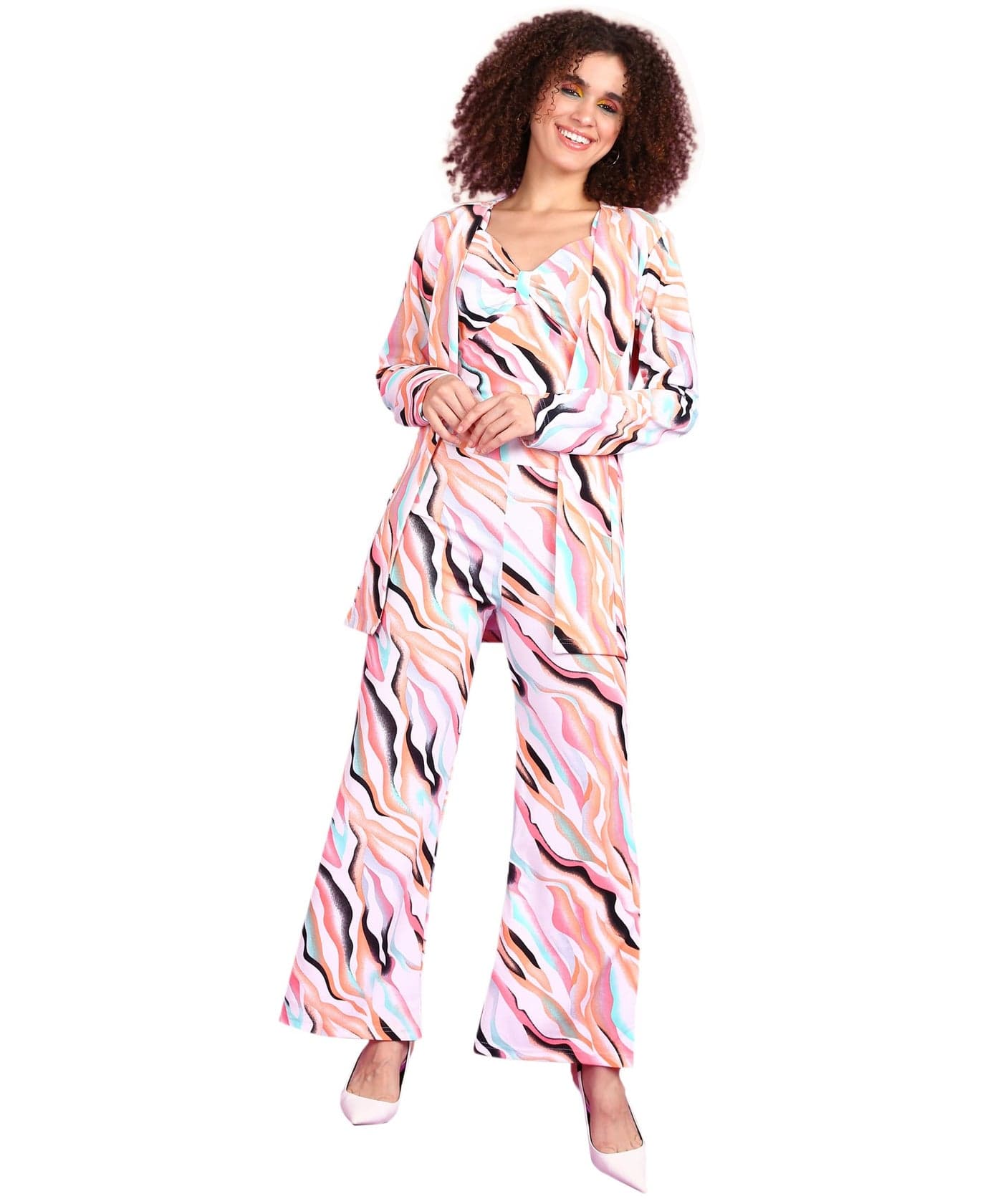 POPWINGS Women Casual Multicolor Marble Printed 3 Pieces Polyester Co-Ords Set,Large