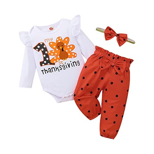 ODIMAME My First Thanksgiving Baby Girl Outfits 69 Months Infant Turkey Romper Cute Orange Bell Bottom Pants Headband 912 Months 90cm